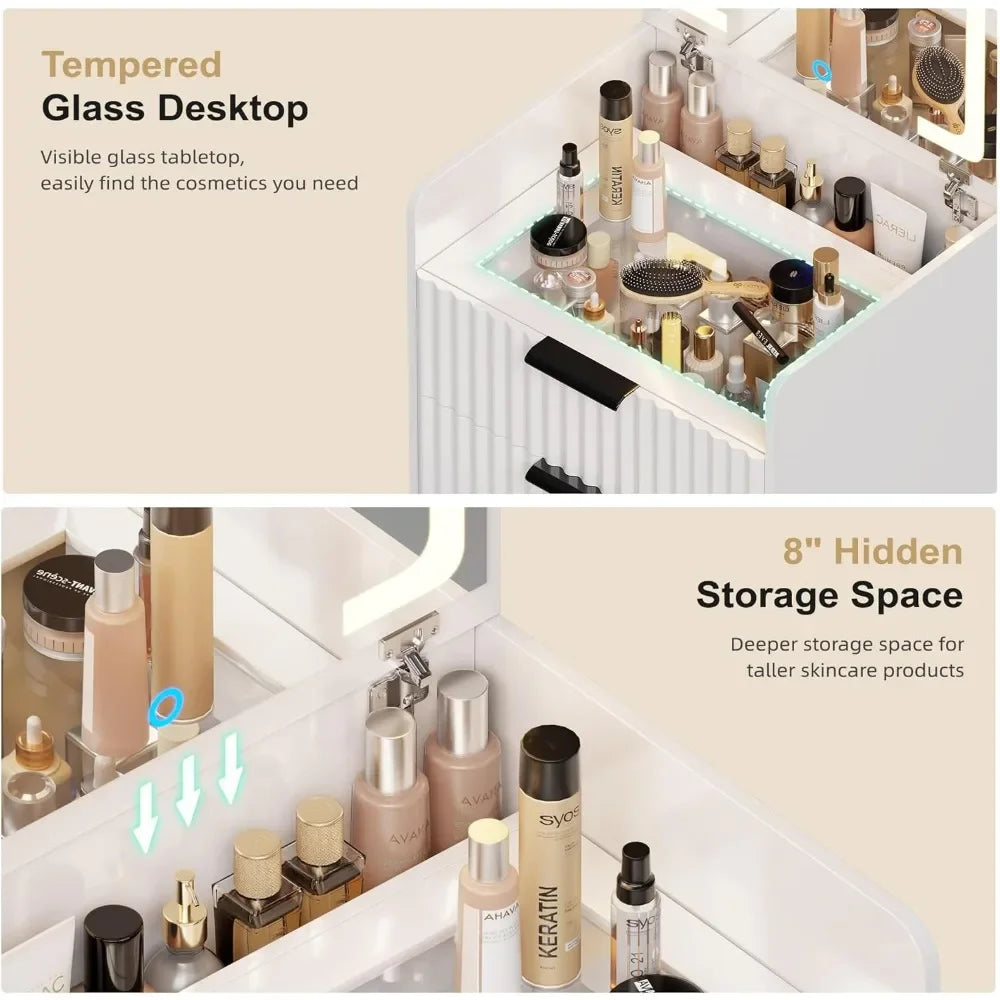 3 in 1 Small Vanity Set w/ Glass Desktop, 3 Drawers & Storage