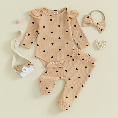 3-24MO Baby Girl Set Waffle Knit, Heart Long Sleeve Romper Pants Headband