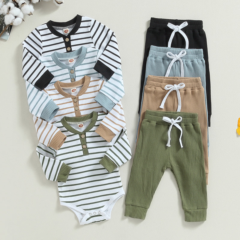 3-24MO Infant Boy Fall Outfits, Long Sleeve Striped Print Romper + Pants