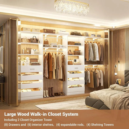 Closet System with 8 Wooden Drawers,  Tower, Clothes Rack w/4 Hanging Rods
