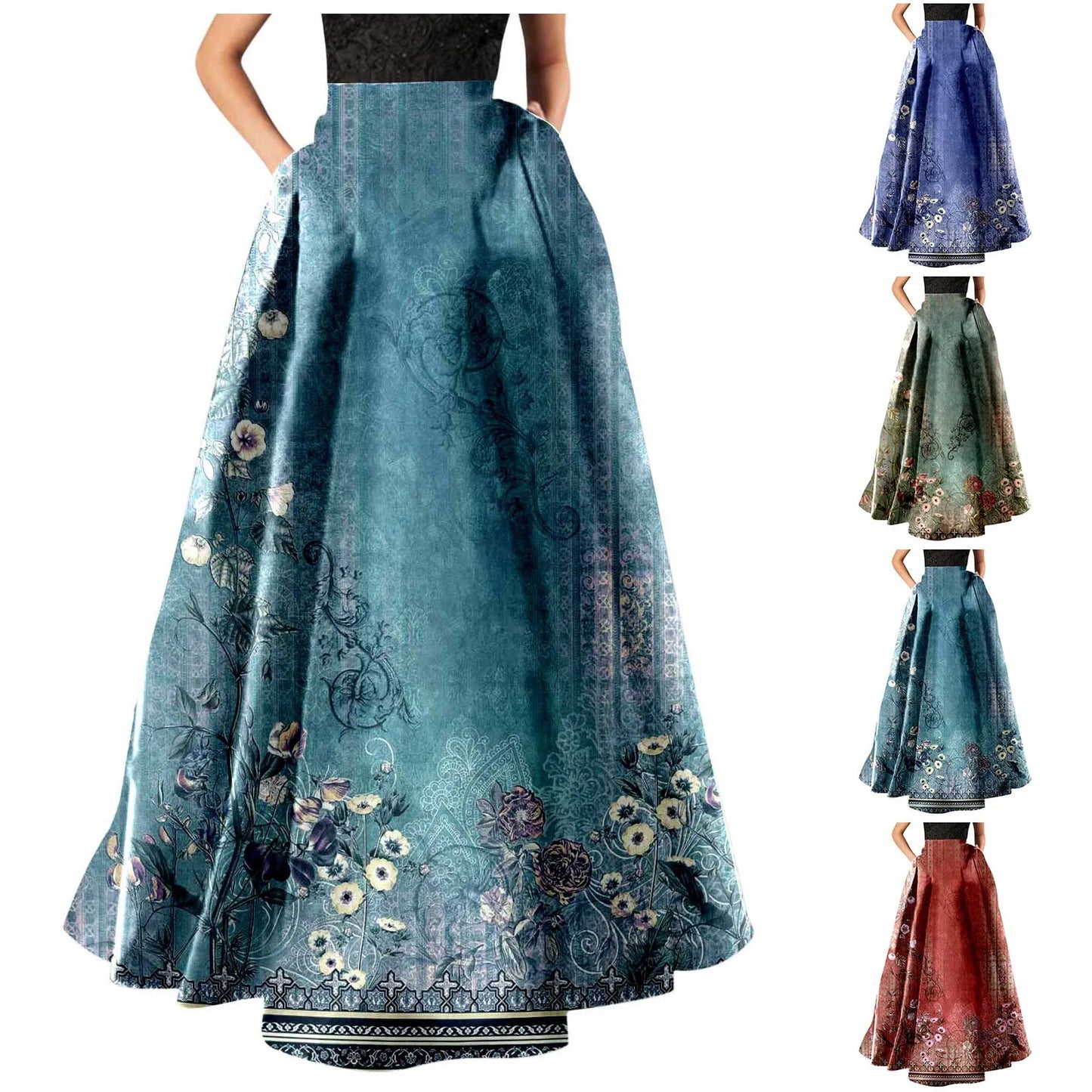 Bohemian Print Long Holiday Floral Skirt, High Waist