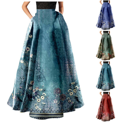 Bohemian Print Long Holiday Floral Skirt, High Waist