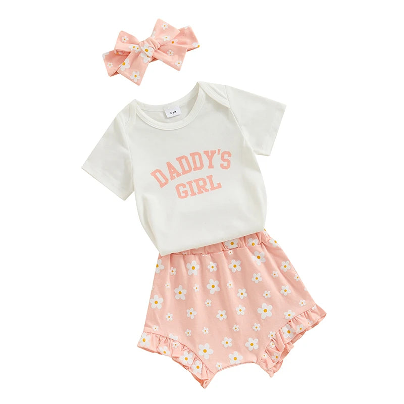 3Pcs  0-18 mo Baby Girl Outfit,  Daddy’s Girl, Short Sleeve Romper, Flower Ruffle Shorts, Headband