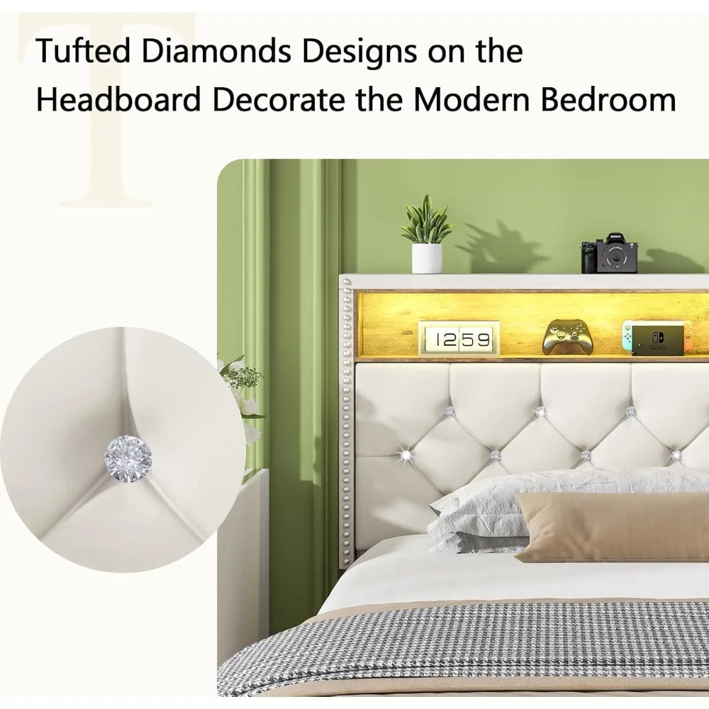 Velvet Upholstered Platform Bed with Storage Headboard and Charging Station, LED Lights