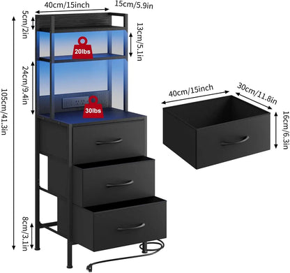 LED side table with U-S-B ports and sockets for charging piles, 3 drawers