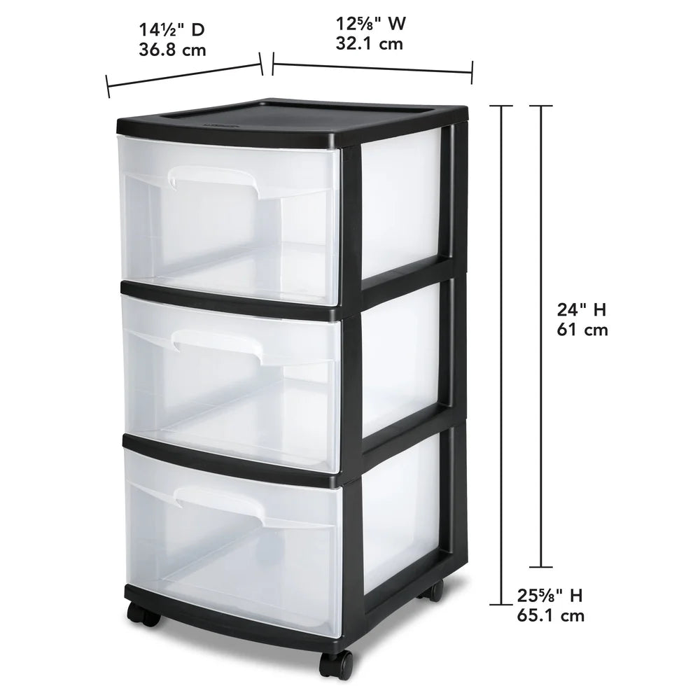 3 Drawer Plastic Storage Cart with Clear Drawers ,Rolling Organizer