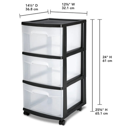 3 Drawer Plastic Storage Cart with Clear Drawers ,Rolling Organizer