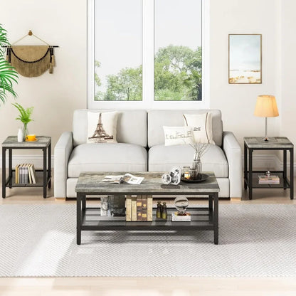 Industrial Coffee Table with 2 Square End Side Tables