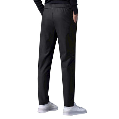 Men Fast Dry Stretch Pants, Ice Silk Trousers, Solid Color, Mid-Waist