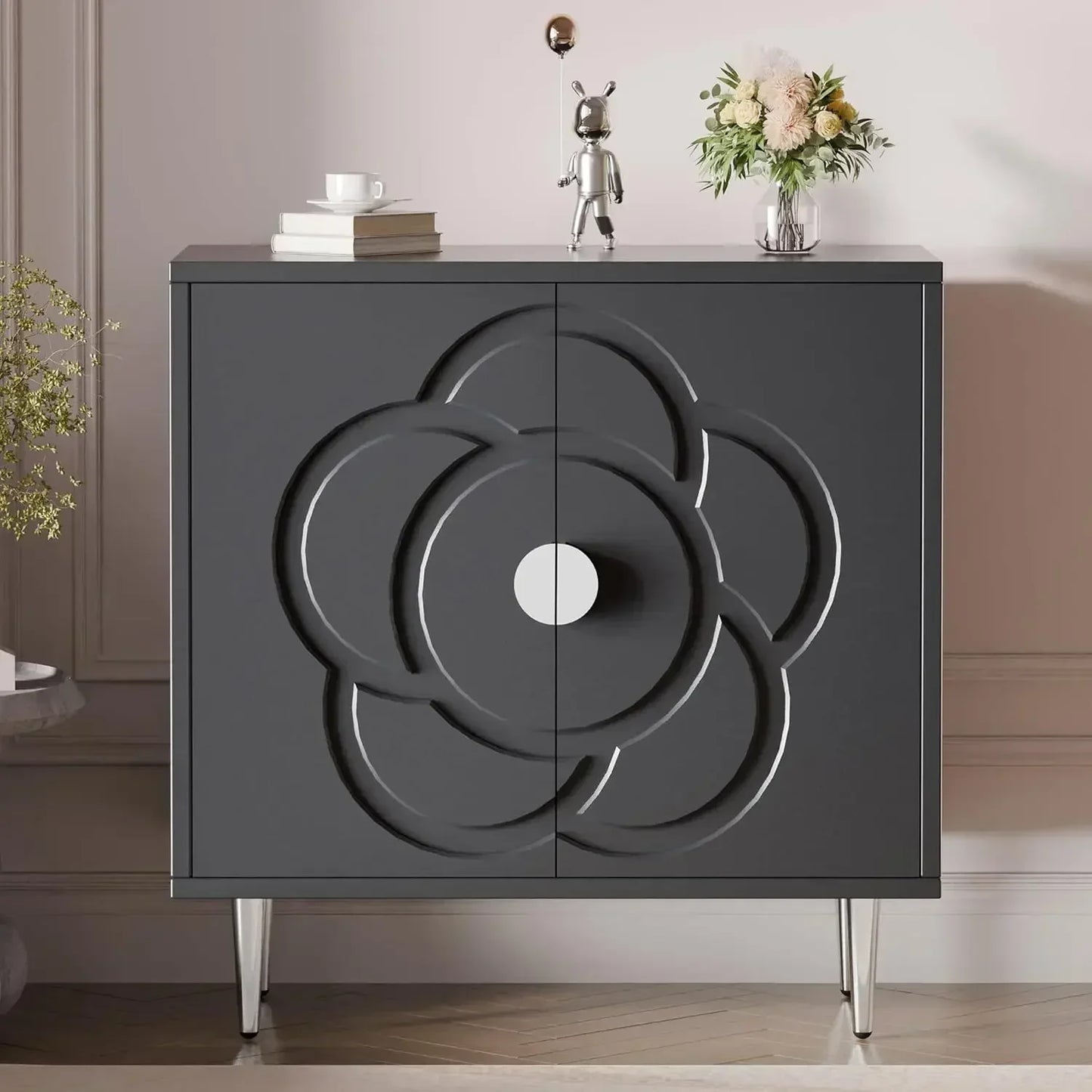 Modern Accent Sideboard Buffet Cabinet for Bedroom, Living Room, Kitchen with Decorative Flower Pattern Doors