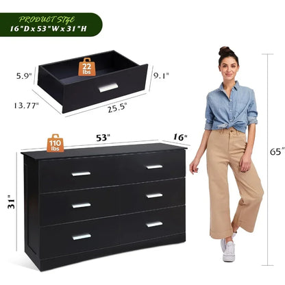 Wide Chest of Drawers with 6 Drawer, Oak