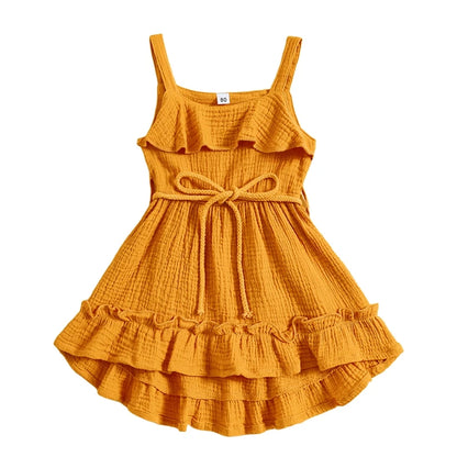 6 MO-4Y Girl Summer Dress, Casual Sleeveless, Square Neck, Belted Dress