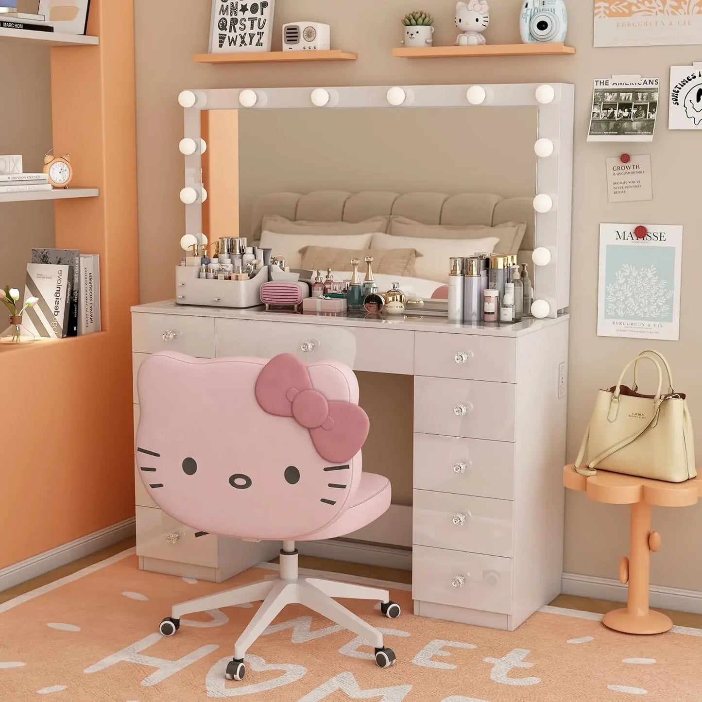 Vanity Desk with Power Outlet, Mirror and 14 LED Light, 3 Lighting Modes,11 Drawer Vanity Table , White