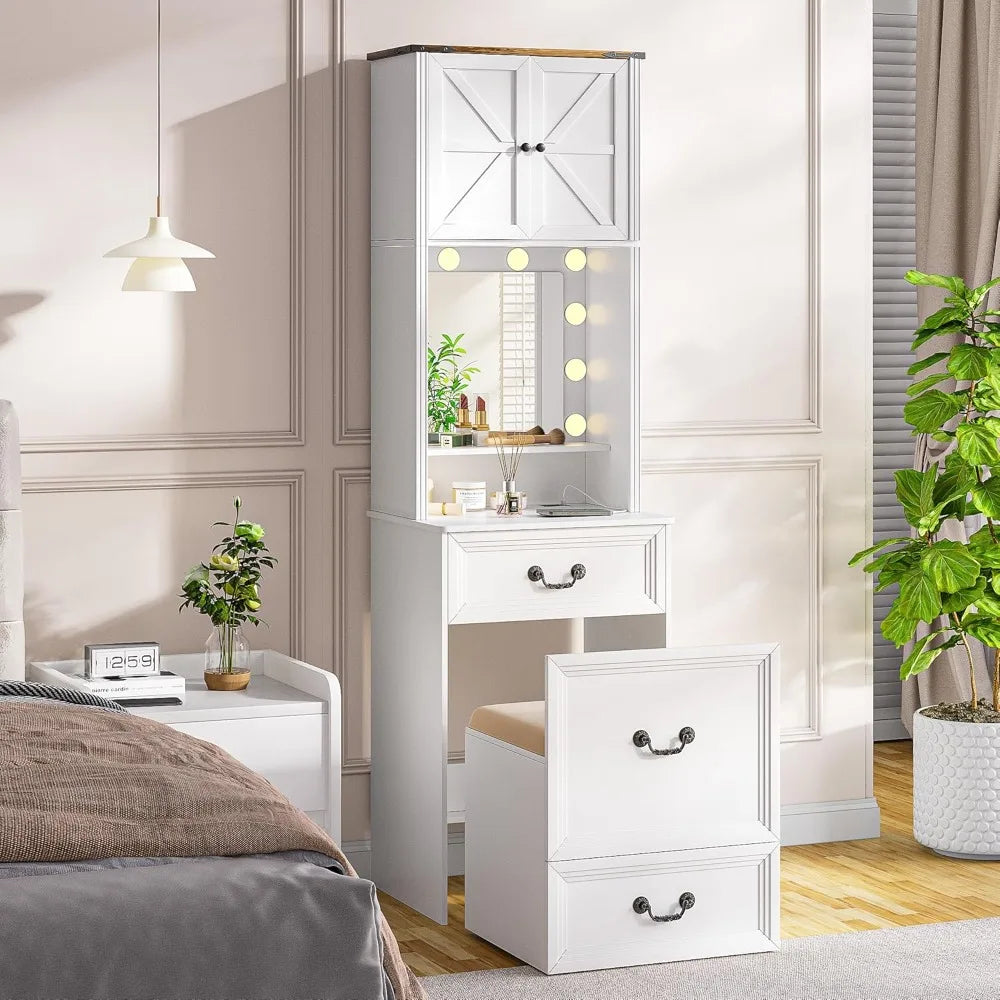 Compact Vanity with Mirror and Lights w/Storage Drawers & Shelves