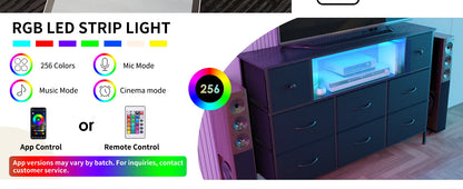 Black 55" TV Stand with 8 Drawers, Fabric Chest of Drawers, Power Outlets and LED Lights
