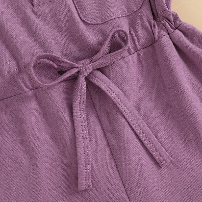 Little Girls Summer Casual Jumpsuit, Sleeveless, Crewneck, Solid Color Drawstring Tank Romper
