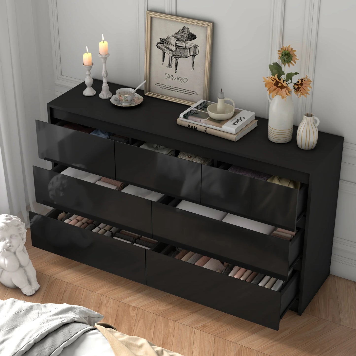 7 Drawer 55 Inch Modern Dresser with High Gloss Drawers