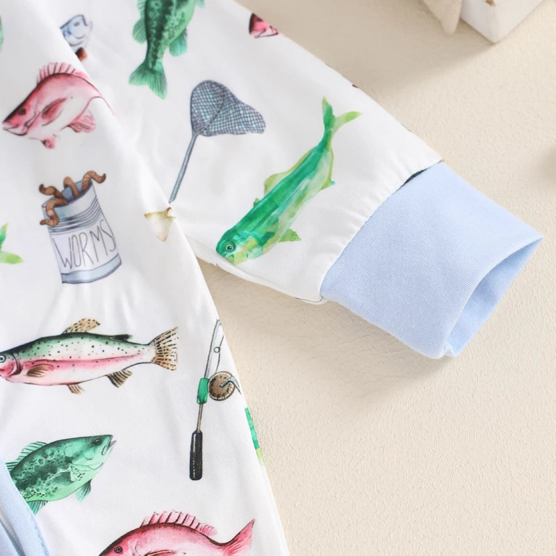 0-12MO Baby Boys Autumn Casual Romper, Long Sleeve Crew Neck, Fish Print, Oblique Zipper Jumpsuit