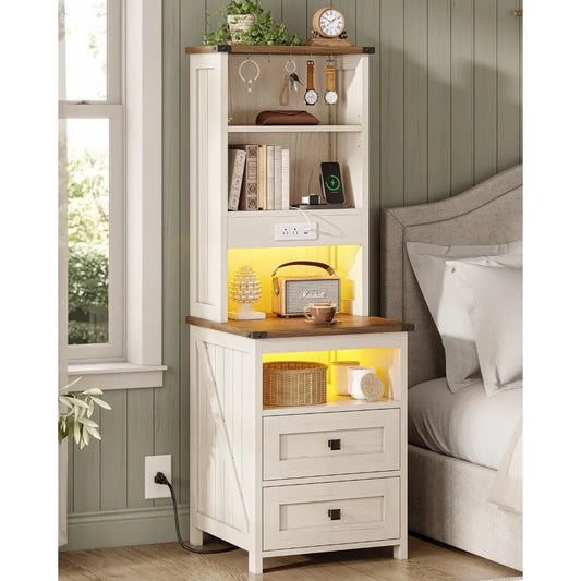 Tall Nightstand with Charging Station and 2 Drawers, LED with Bookshelf