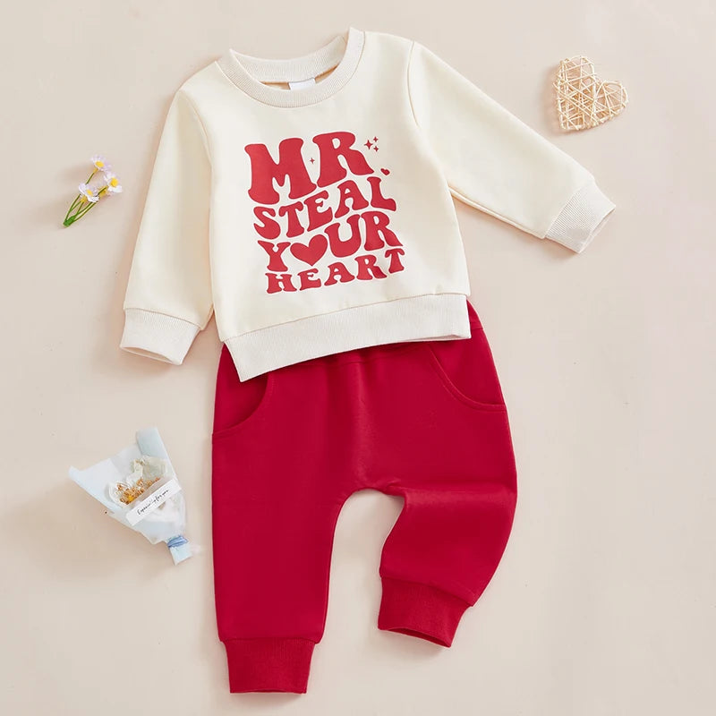 Toddler Baby Boy Valentines Outfit, Letter Print Long Sleeve Sweatshirt and Elastic Pants