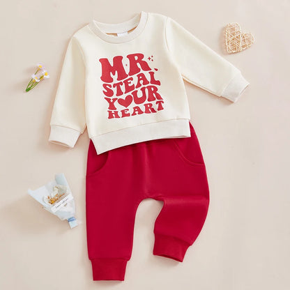 Toddler Baby Boy Valentines Outfit, Letter Print Long Sleeve Sweatshirt and Elastic Pants