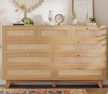 9 Drawer Dresser with Natural Rattan Drawers