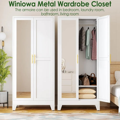 71"Metal Armoire Wardrobe w/2 Mirror Door, with Adjustable Shelves and Hanging Rod