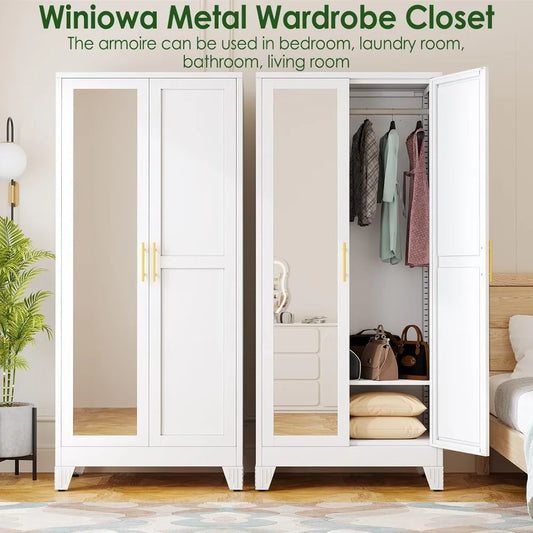 71"Metal Armoire Wardrobe w/2 Mirror Door, with Adjustable Shelves and Hanging Rod