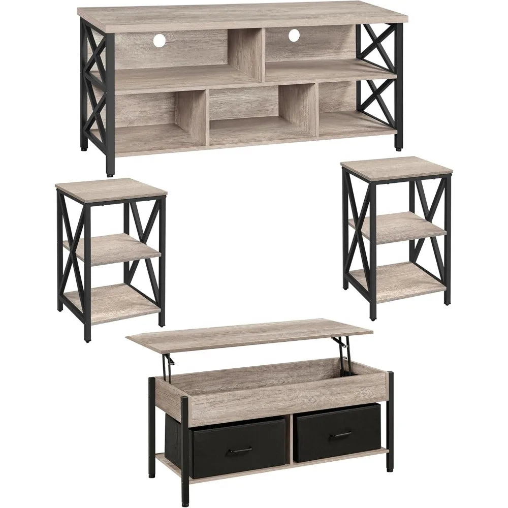 4 Pieces Table Sets - Includes TV Stand with Storage for 65 in TV, Lift-top Coffee Table with Baskets, Set Side Tables