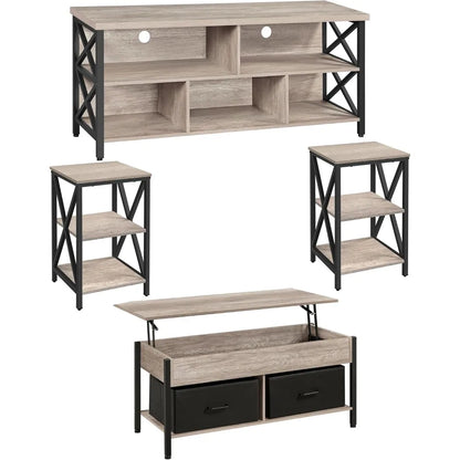 4 Pieces Table Sets - Includes TV Stand with Storage for 65 in TV, Lift-top Coffee Table with Baskets, Set Side Tables