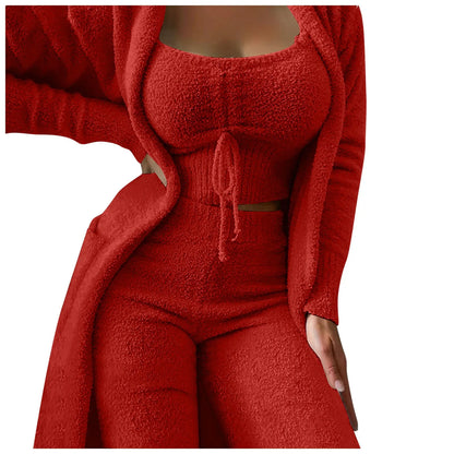 Women'S Fleece 3 Pc Loungewear, Spaghetti Strap Crop Tank, Wide Long Pants, Fuzzy Kimono ,