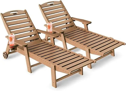 Set of 2, Outdoor Chaise Lounge with 6-Position with Wheels & Cup Holder