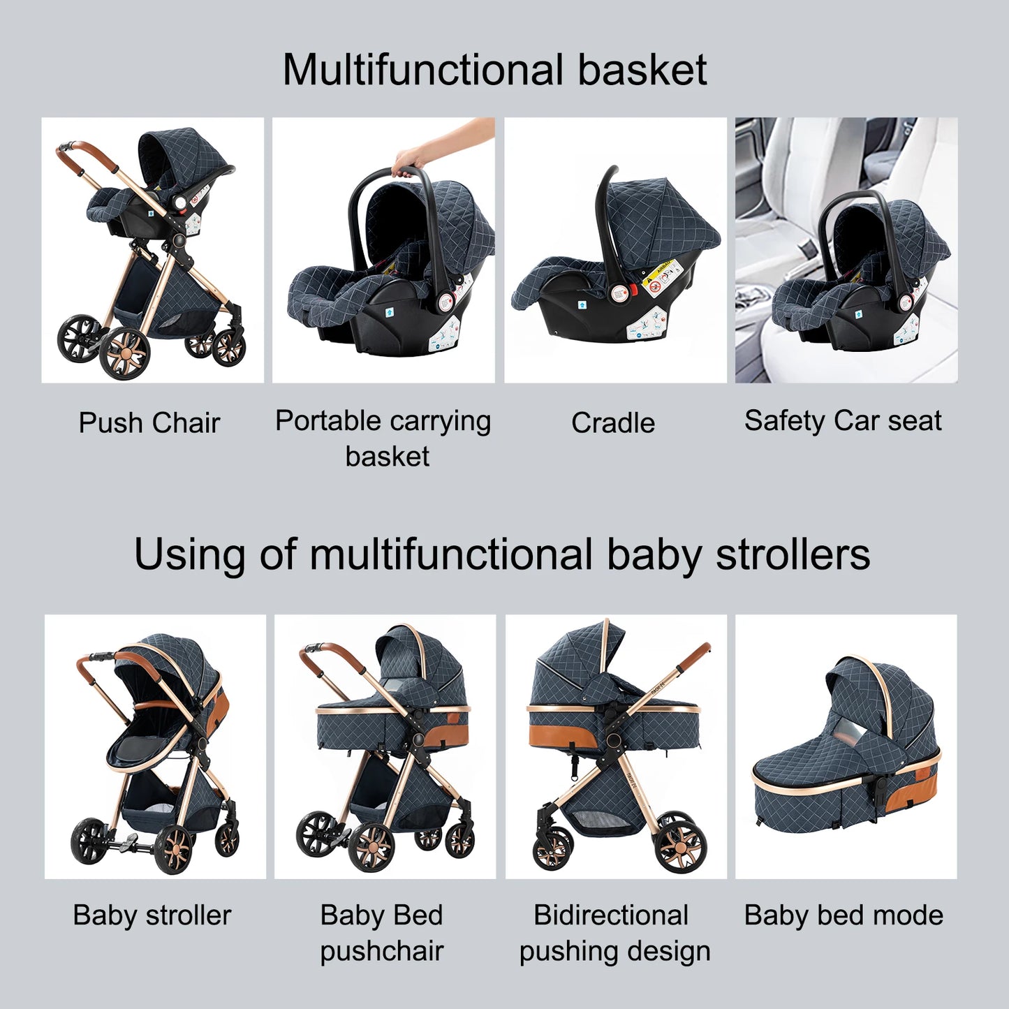 Lightweight Baby Stroller 3 in 1 Multifunctional High Landscape Baby 4 IN 1 Strollers with Isofix