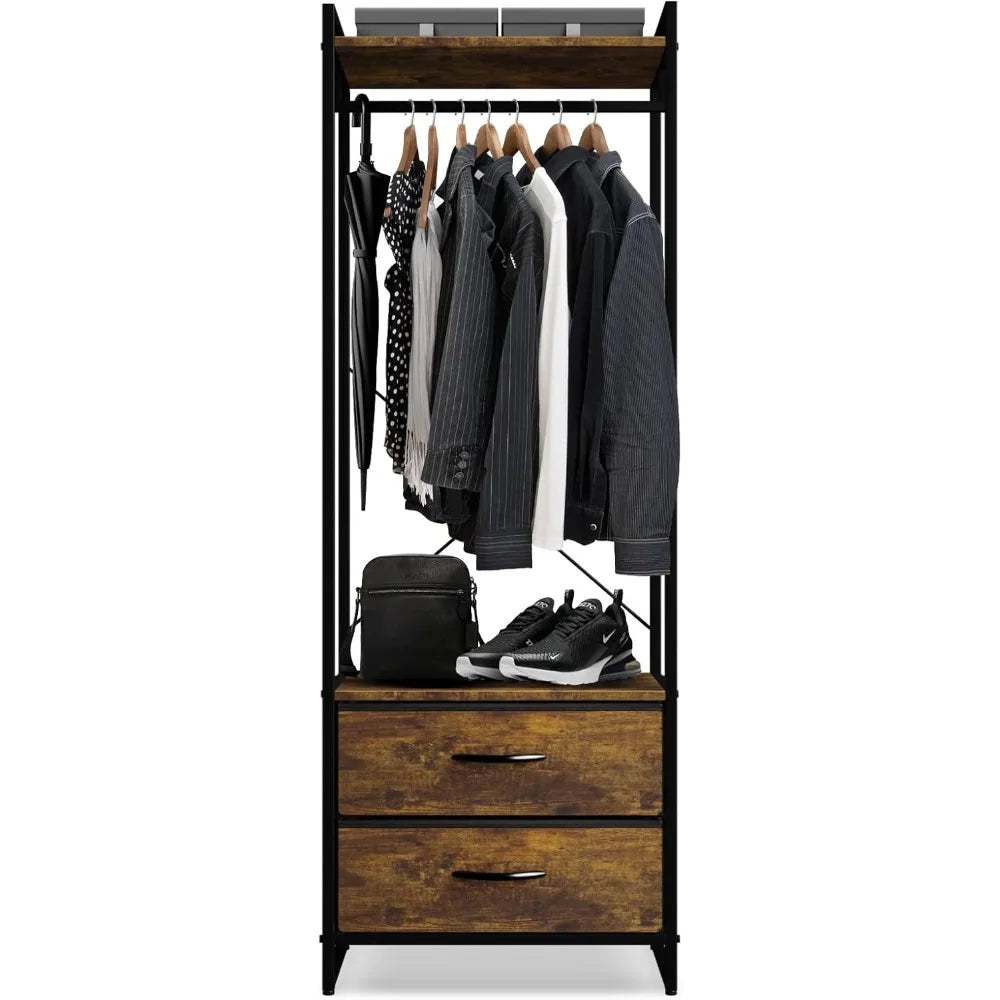 Clothing Rack with Drawers, Wood Top, Steel Frame, & Fabric Drawers