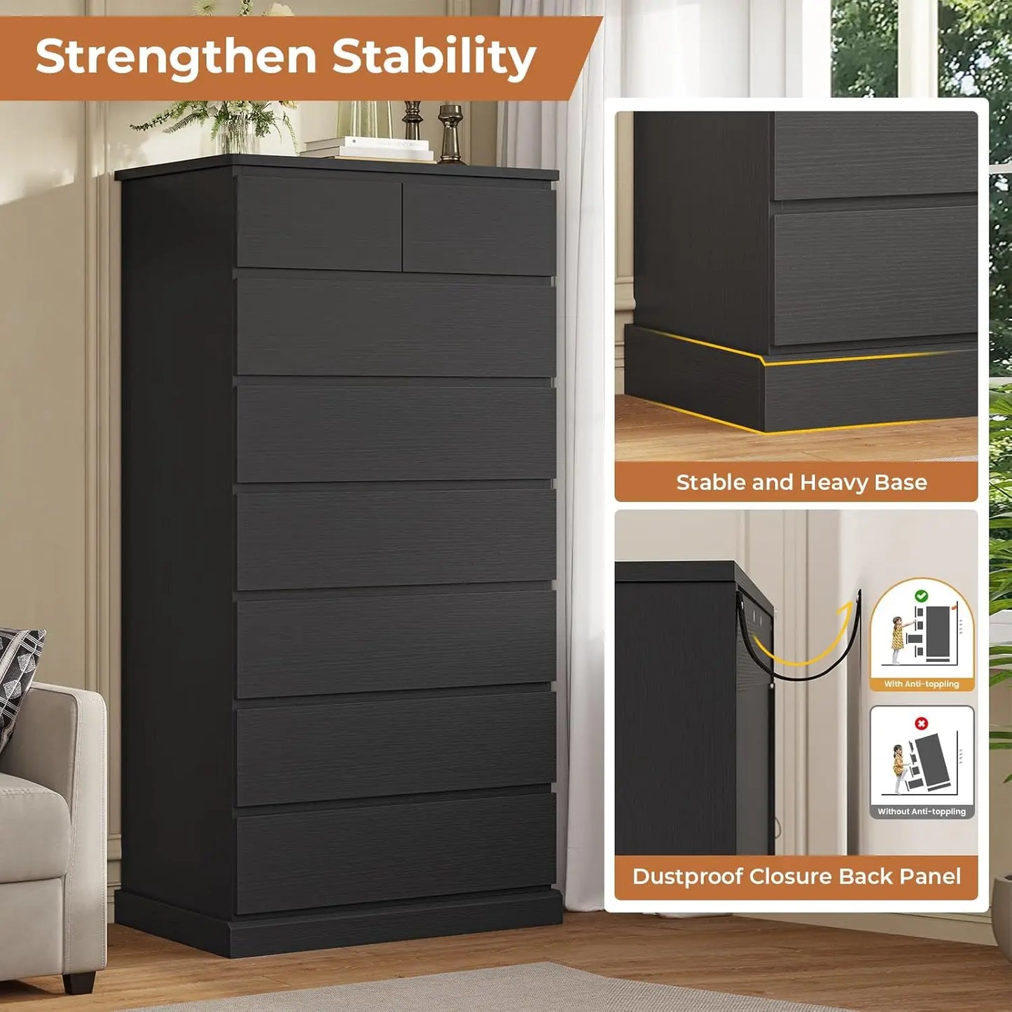 59.6" Tall Dressers & Chests of 8 Drawers, Modern Wood Closet Organizer