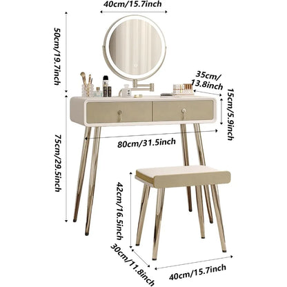 Vanity Desk Set with 360° Rotating Mirror and Lights, with Microfiber Leather, with 2 Drawers,