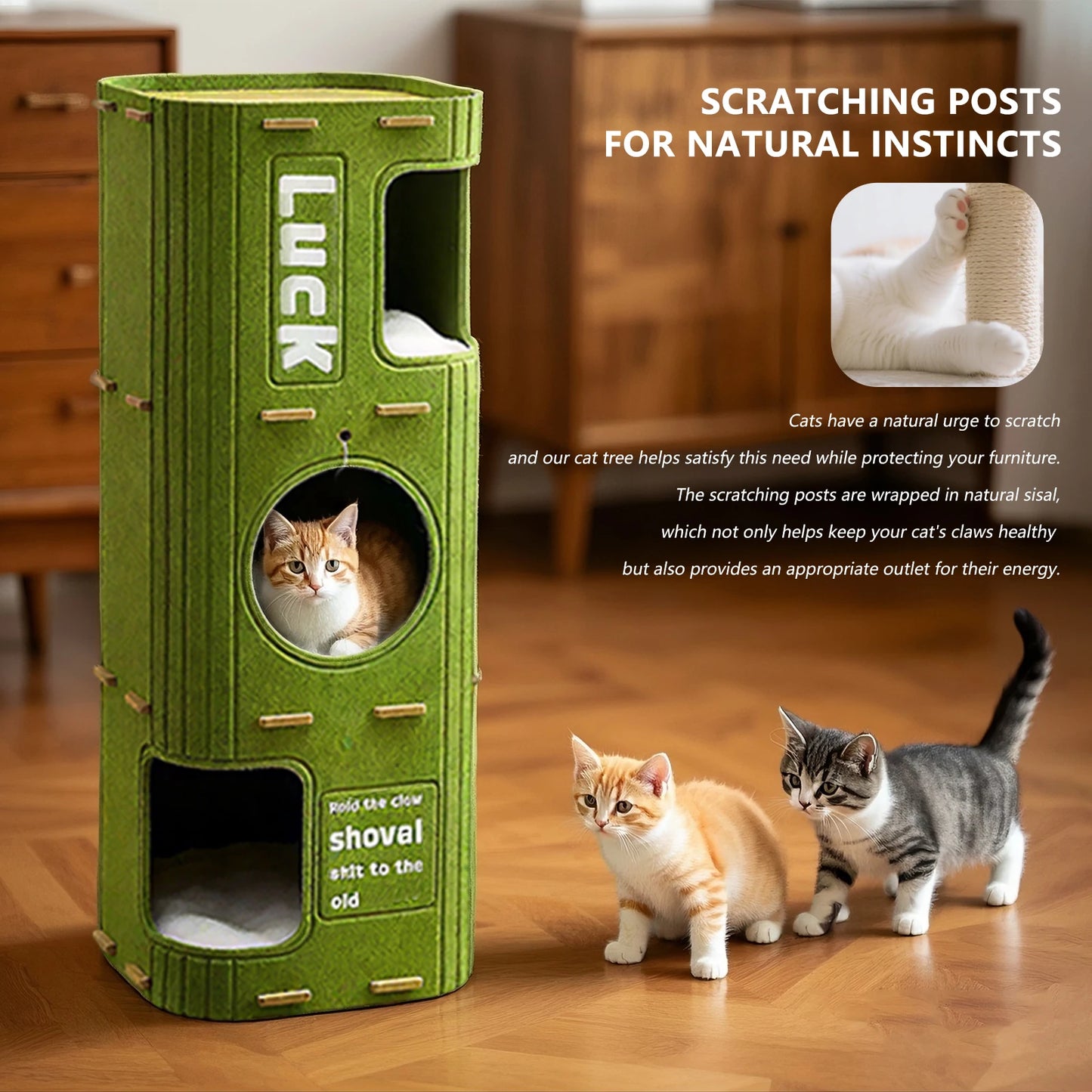 Three-Story Felt Cat Tree, With Scratching Boards And Comfortable Caves