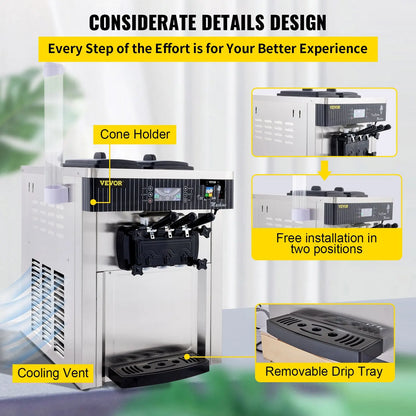 VEVOR Soft Ice Cream Machines 18-28L/H Commercial Sorbet Coolers Tricolor Desktop Sweet Cone Freezing Equipment Vending Machine