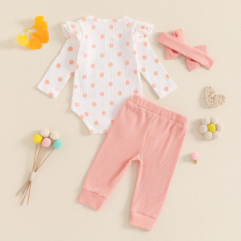 0-18M Baby Girls Fall Outfit, Long Sleeve Dots Print Romper with Pants and Bowknot Headband Clothing Set