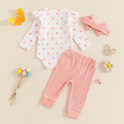 0-18M Baby Girls Fall Outfit, Long Sleeve Dots Print Romper with Pants and Bowknot Headband Clothing Set