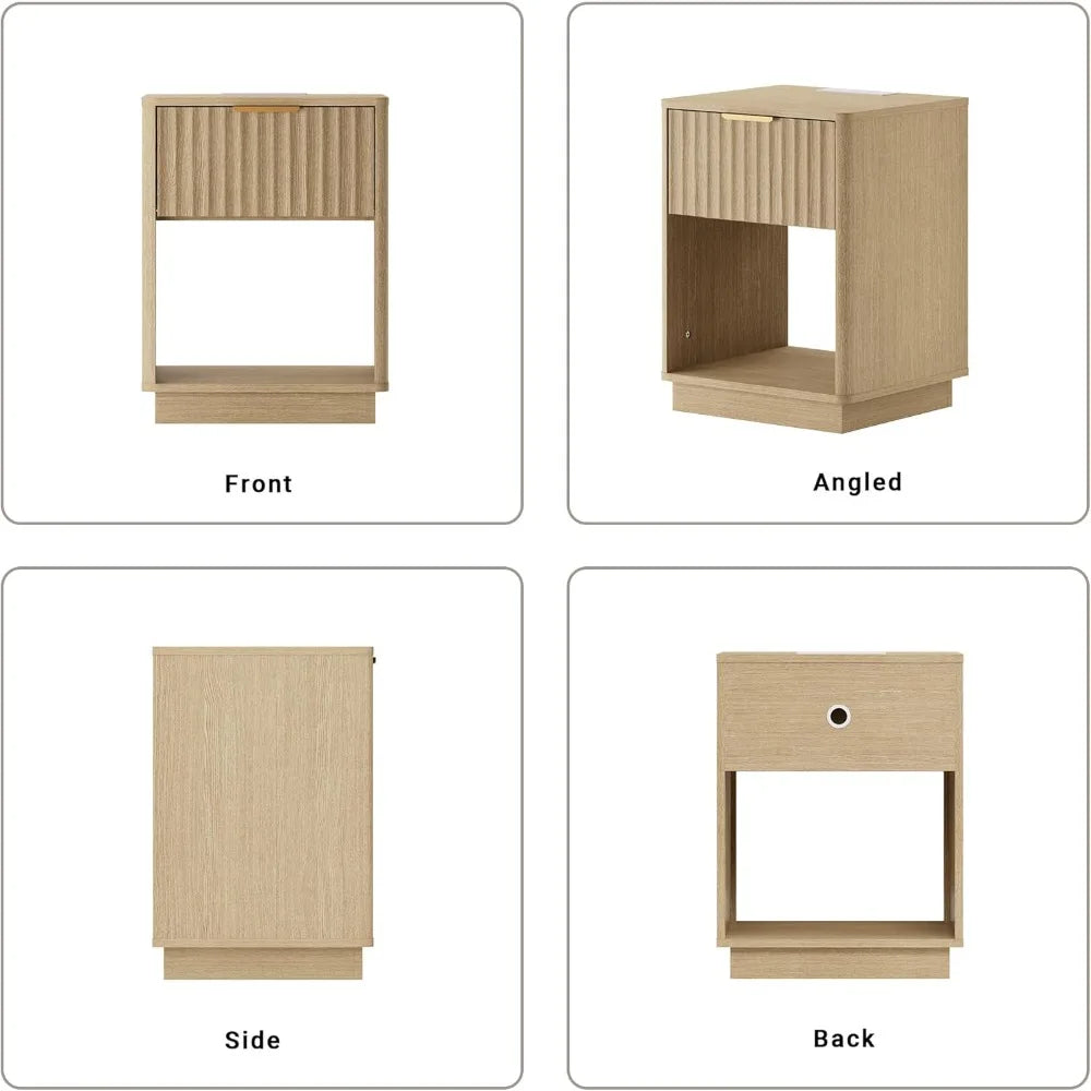Set of 2 18" Side Tables with Charging Station, Drawer & Open Shelf