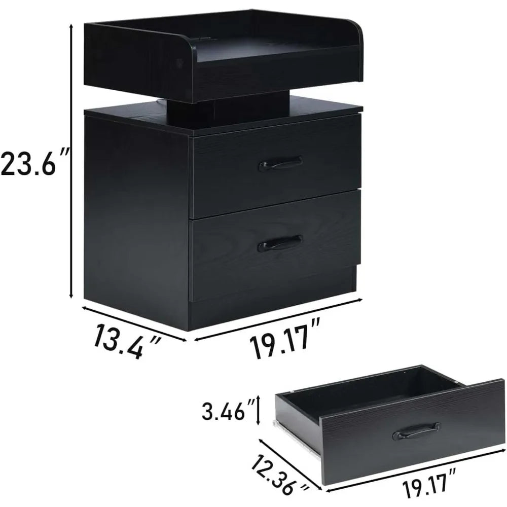 Black Nightstand with Charging Station, LED Lights
