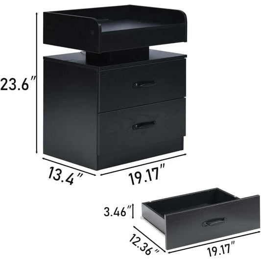 Black Nightstand with Charging Station, LED Lights