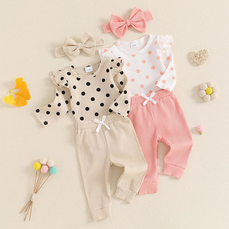 0-18M Baby Girls Fall Outfit, Long Sleeve Dots Print Romper with Pants and Bowknot Headband Clothing Set