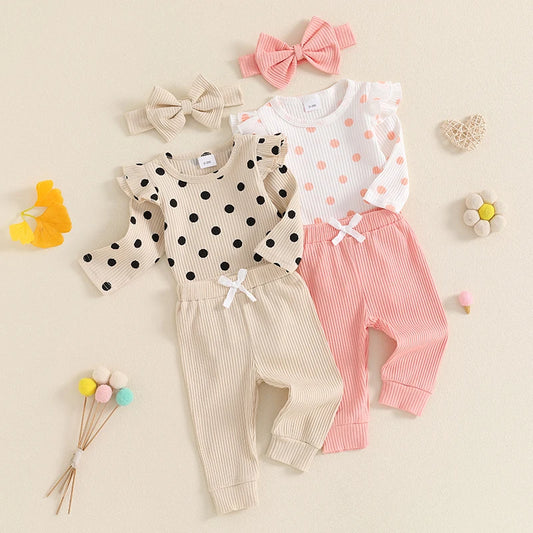 0-18M Baby Girls Fall Outfit, Long Sleeve Dots Print Romper with Pants and Bowknot Headband Clothing Set