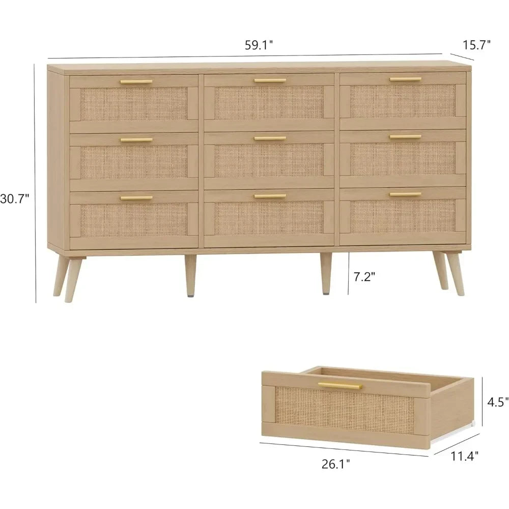 9 Drawer Double Dresser with Golden Handles