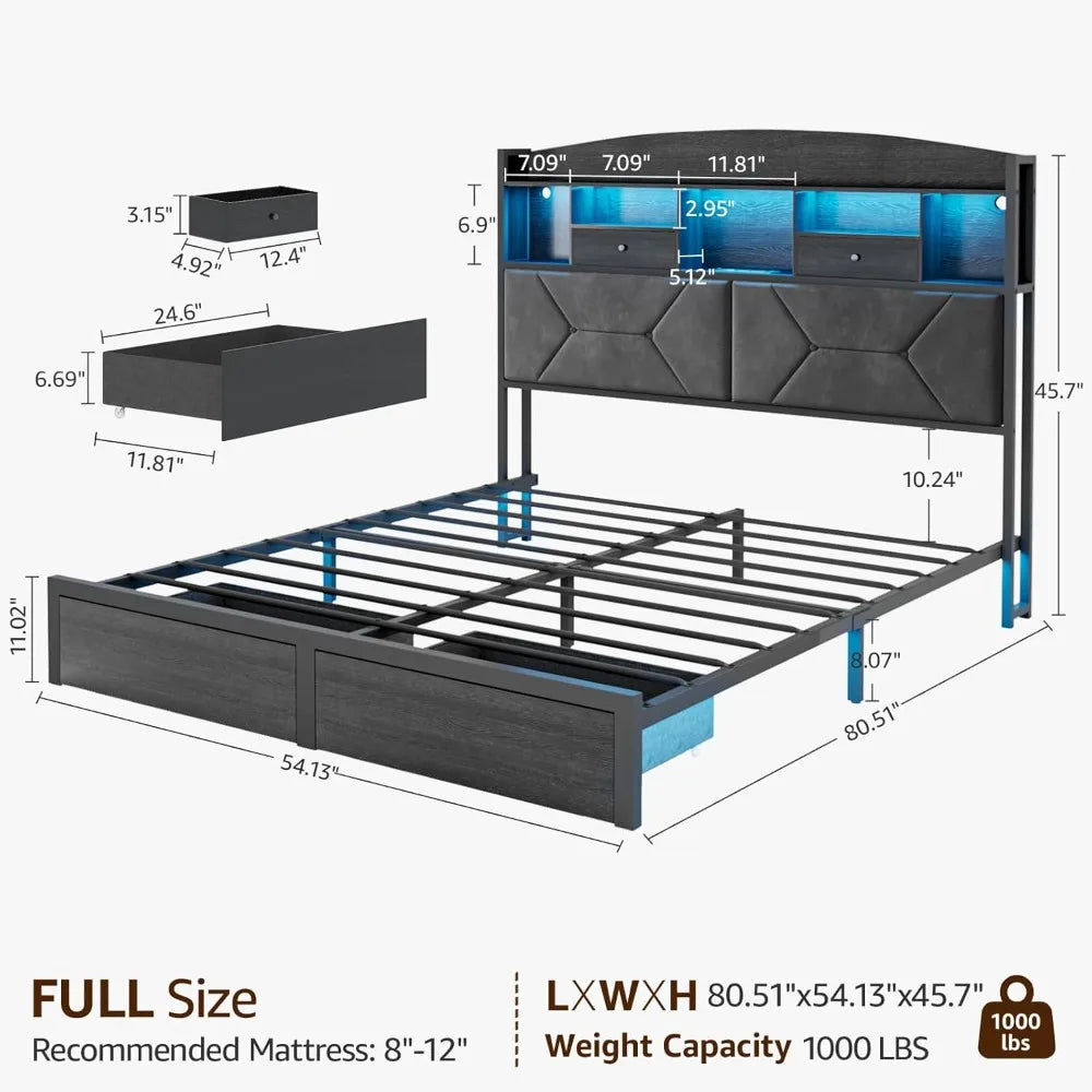 Full Size Bed Frame with 4 Storage, Velvet Upholstered with Button Tufted Headboard Led Lights