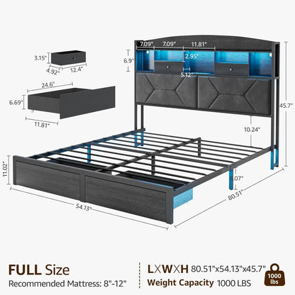 Full Size Bed Frame with 4 Storage, Velvet Upholstered with Button Tufted Headboard Led Lights