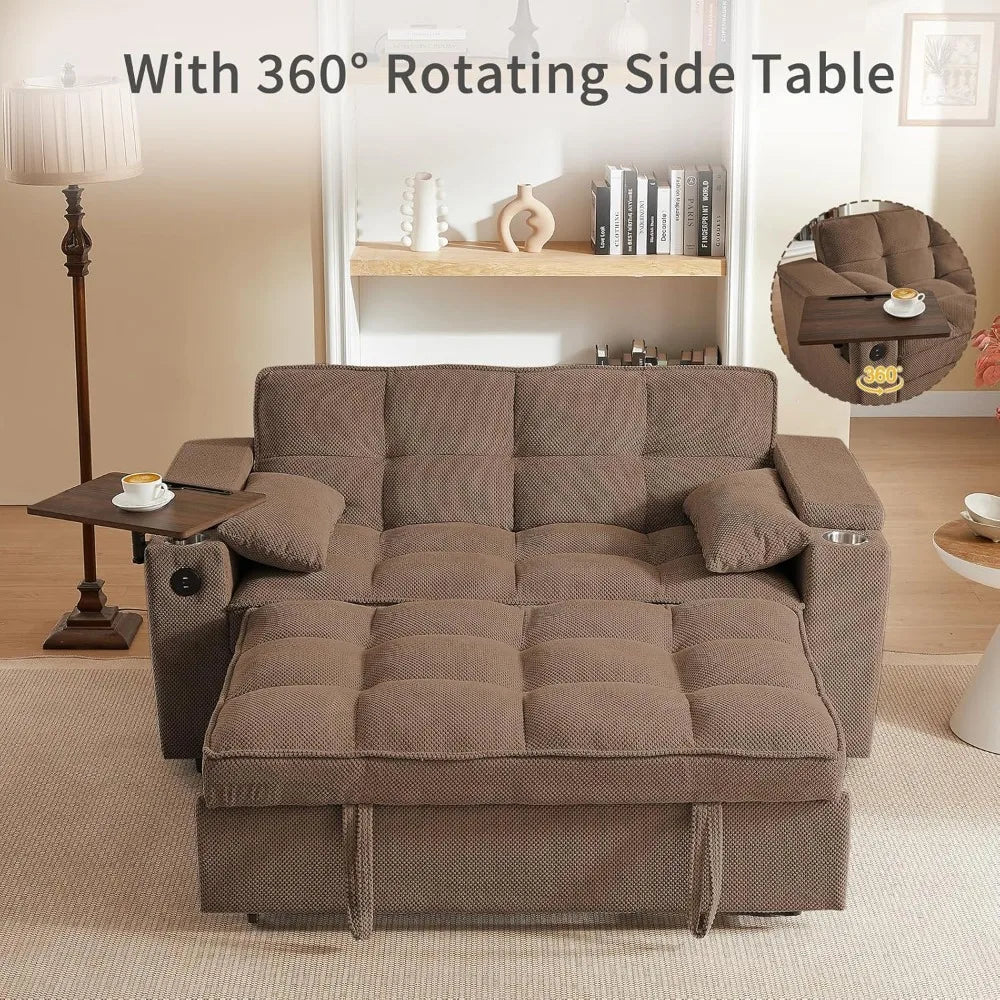 65'' 3-in-1 Queen Size Pullout Sofa, Modern Chenille Fabric, 360° Swivel Side Table