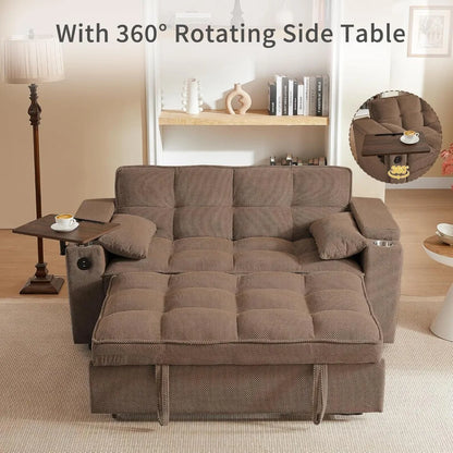 65'' 3-in-1 Queen Size Pullout Sofa, Modern Chenille Fabric, 360° Swivel Side Table